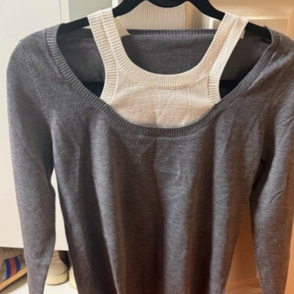 NEW Grey, Wool-Blend Layered Cut-Out Knit Top